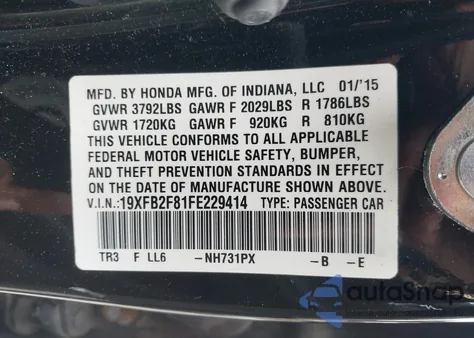 2015 Honda Civic Ex from USA, damaged, VIN 19XFB2F81FE229414